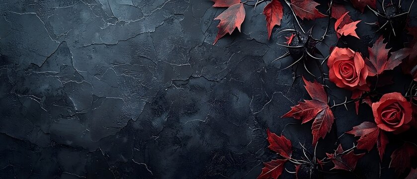 A Halloween inspired dramatic moody floral arrangement featuring dark red roses thorns and autumn leaves against a shadowy grungy background  A gothic romantic concept with a spooky eerie atmosphere
