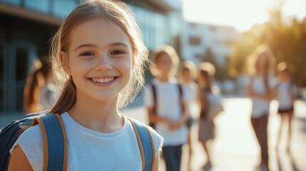 Portrait Fröhliche Schülerin vor der Schule mit anderen Schulkindern
