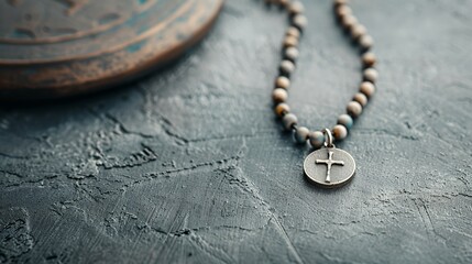 A close-up of a beaded necklace with a cross pendant on a textured surface.