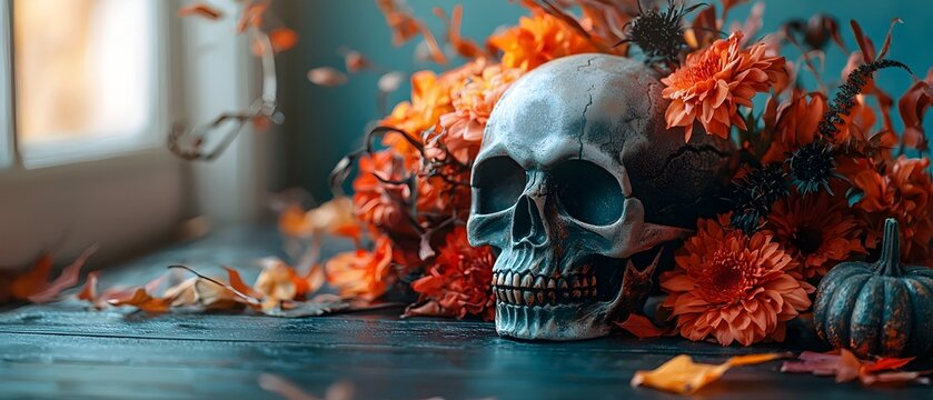 Ornate floral skull centerpiece adorned with vibrant autumn flowers leaves and pumpkins for a Halloween themed table setting  Moody and conceptual still life photography with dark gothic atmosphere