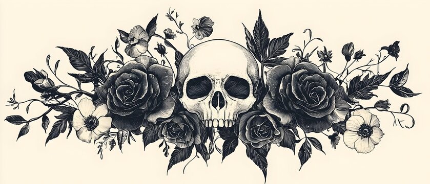 Haunting Gothic Floral Skull Tattoo Design with Moody Atmospheric Aesthetic and Ornate Botanical Details  Dark Macabre Halloween Inspired