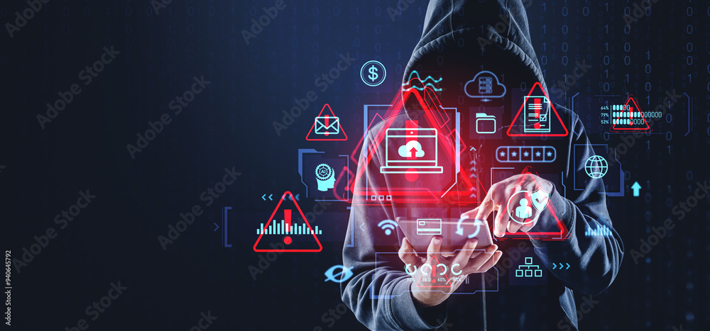 Poster hacker attack system using tablet in hand, warning sign hologram with icons