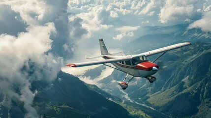 A small aircraft flying over mountainous terrain with clouds and a scenic landscape below.