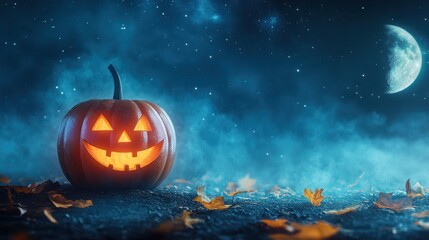 Spooky Halloween night scene with glowing jack-o'-lantern, autumn leaves, and full moon in the background under a starry sky.