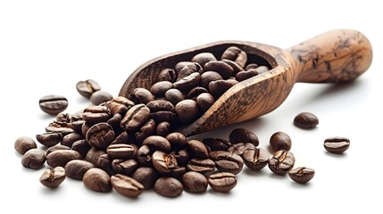 Coffee Beans on a wooden spoon scoop, isolated on white background, minimal, healthy lifestyle, Food Photography, HD, Coffee shop menu concept, wallpaper, banner