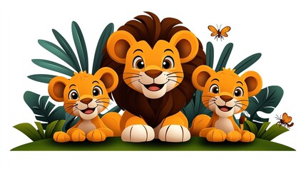 Fototapeta premium A cheerful lion with two playful cubs surrounded by lush greenery, perfect for children's themes and wildlife illustrations.