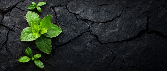  A plant emerges from a fissure in the ground, its leaves unfurling from the very split
