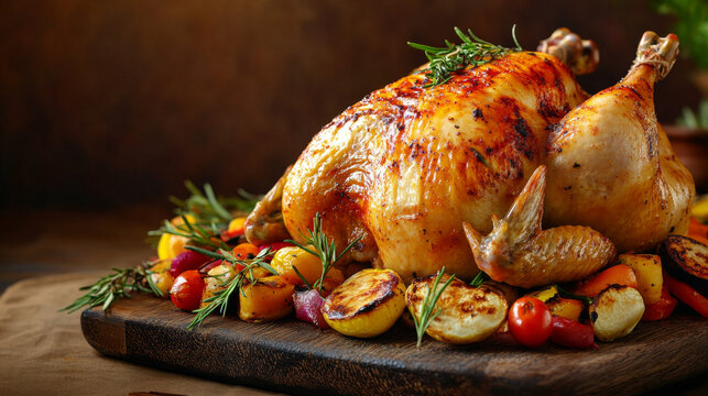 A whole baked chicken with a golden, crispy skin, nestled in a pan surrounded by perfectly roasted potatoes. The chicken is cooked to perfection, with a deliciously browned exterior that contrasts bea