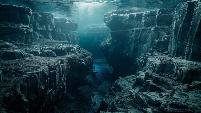 a seamount's underwater landscape with dramatic cliffs and crevices