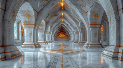 Fototapeta premium Majestic Marble Hallway with Intricate Archways and Lighting..