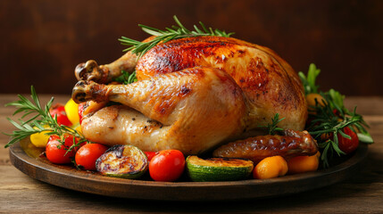 A whole baked chicken with a golden, crispy skin, nestled in a pan surrounded by perfectly roasted potatoes. The chicken is cooked to perfection, with a deliciously browned exterior that contrasts bea