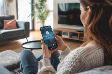 Woman using smartphone while sitting on a couch in a cozy living room. Modern lifestyle and technology at home. Concept of mobile banking security. Generative AI