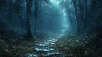 Obraz premium A pathway through a dark foggy forest, creating an eerie and mysterious atmosphere. Suitable for outdoor and adventure-related content