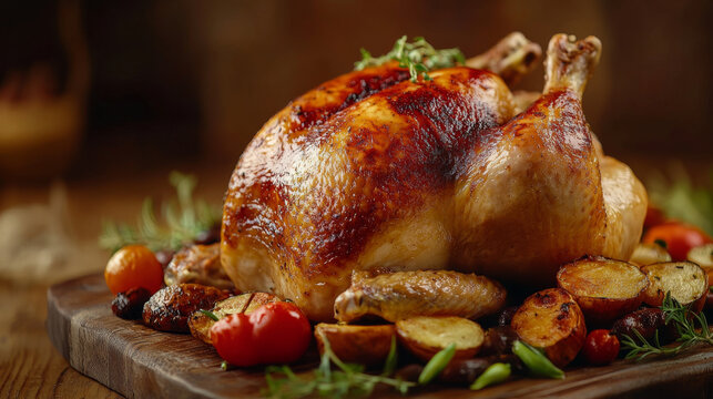 A whole baked chicken with a golden, crispy skin, nestled in a pan surrounded by perfectly roasted potatoes. The chicken is cooked to perfection, with a deliciously browned exterior that contrasts bea