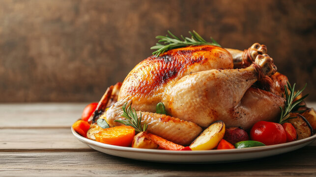 A whole baked chicken with a golden, crispy skin, nestled in a pan surrounded by perfectly roasted potatoes. The chicken is cooked to perfection, with a deliciously browned exterior that contrasts bea