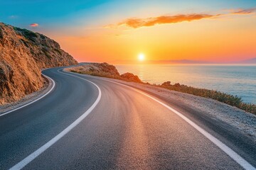 Naklejka premium road landscape on summer in sunset. highway landscape at colorful sunset. Road view on the beach in summertime. colorful seascape with beautiful road scenery. Highway view on beach for vacation , ai