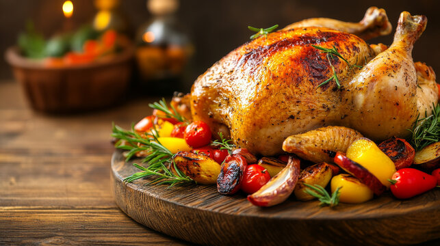 A whole baked chicken with a golden, crispy skin, nestled in a pan surrounded by perfectly roasted potatoes. The chicken is cooked to perfection, with a deliciously browned exterior that contrasts bea