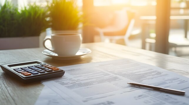 A close-up of a tax refund form with a calculator and a cup of tea beside it, bright daylight illuminating the workspace, blurred background of a modern office, detailed textures of the paperwork,