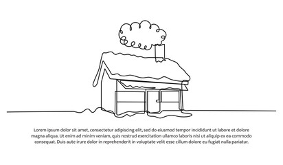 Continuous line design of snow covered roof of a house. Single line decorative element drawn on white background.