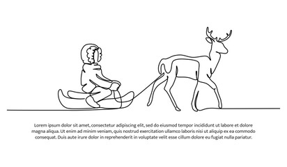 Continuous line design of a child playing with deer in winter. Single line decorative element drawn on white background.