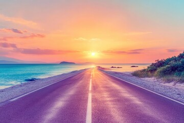 Fototapeta premium road landscape on summer in sunset. highway landscape at colorful sunset. Road view on the beach in summertime. colorful seascape with beautiful road scenery. Highway view on beach for vacation , ai