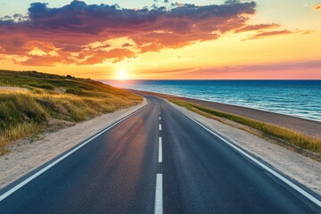 Naklejka premium road landscape on summer in sunset. highway landscape at colorful sunset. Road view on the beach in summertime. colorful seascape with beautiful road scenery. Highway view on beach for vacation , ai