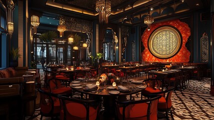 Naklejka premium Eclectic Banquet Hall Interior Design with Mixed Styles and Patterns