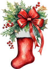 Watercolor Red Christmas Stocking Vector Illustration.