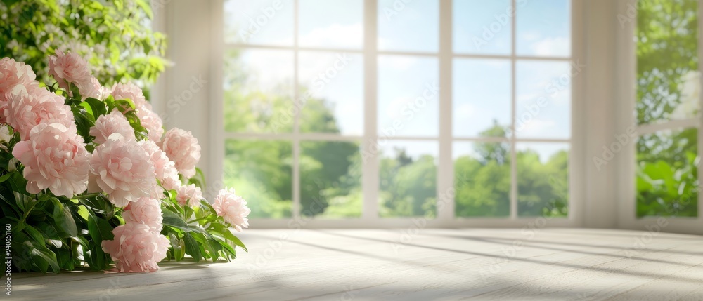 Sticker a wooden table holds a vase of pink flowers, situated before a window with an outlook onto trees