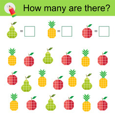 Math activity for kids. Developing numeracy skills. Cartoon pear, apple, pineapple.