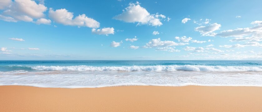  A sandy beach with waves rolling in from the shore Bright blue sky overhead, dotted with white clouds