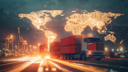 A world map overlaid with a logistic network distribution, symbolizing global transportation and shipping routes. In the foreground, a container cargo freight ship emphasizes the concept of fast and e