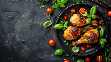 Baked chicken drumsticks rest on a black plate, garnished with vibrant cherry tomatoes and fresh basil leaves, creating an appetizing flat lay arrangement