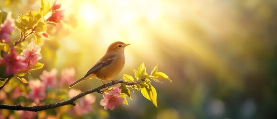 Fototapeta premium Bird on tree branch, surrounded by pink flowers in foreground; sun shining behind