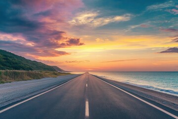 road landscape on summer in sunset. highway landscape at colorful sunset. Road view on the beach in summertime. colorful seascape with beautiful road scenery. Highway view on beach for vacation , ai