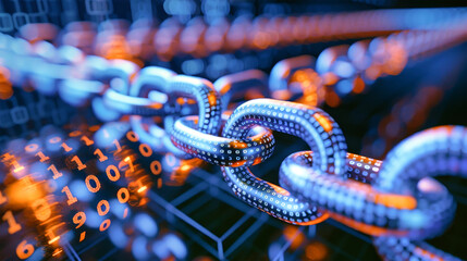 A dynamic illustration showcases a glowing chain embedded with binary code, merging technology with the concept of secure digital environments