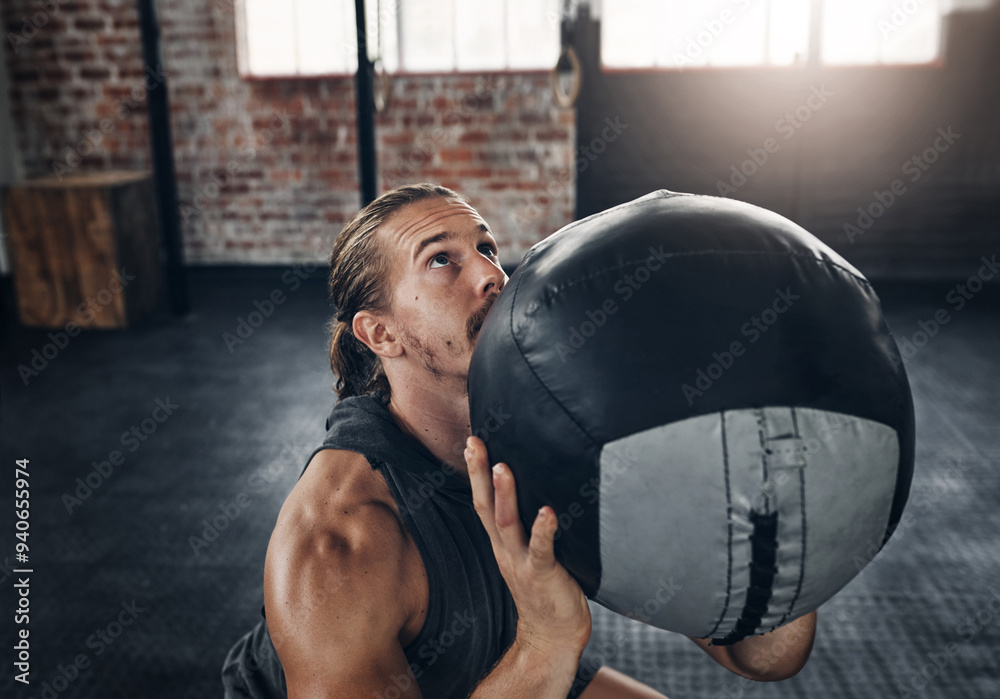 Poster Fitness, exercise and man with medicine ball in gym, healthy and workout for recovery, strong and athlete. Determined, bodybuilder and training with equipment in club, active and lifting for muscle