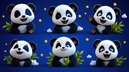Fototapeta premium Cute panda illustrations showing various joyful expressions against a blue background with stars and bamboo imagery.