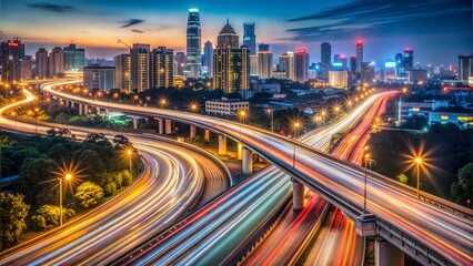 Fototapeta premium Highway lights illuminating cityscape with streaks of traffic at night, long exposure photography