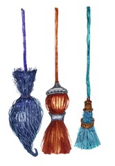 Halloween background. A watercolor set of Witch brooms. Hand-drawn watercolor illustration. A fabulous broom for a fairy . Fictional characters.