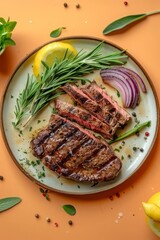 A beautifully arranged plate featuring grilled steak, garnished with fresh herbs and lemon, presenting an appetizing culinary delight