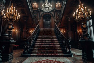 A grand staircase in an opulent mansion, featuring ornate decorations and chandeliers.