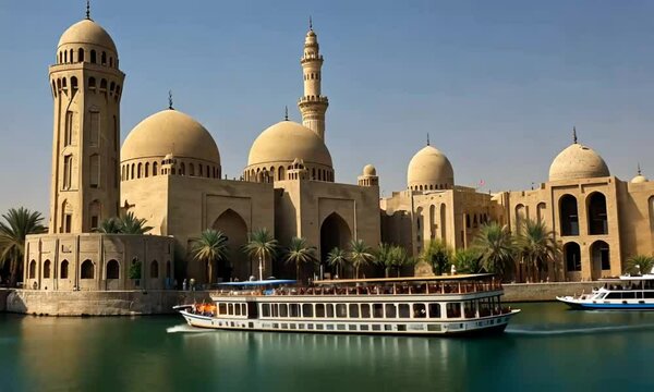 A beautiful mosque with a boat passing by on the water.
