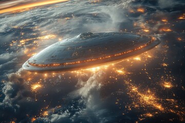 Obraz premium Futuristic Spaceship Soaring Through Clouds With Golden Sparkles