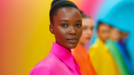 A captivating portrait of a model wearing a bright pink shirt against a colorful background, showcasing vibrant fashion and beauty.