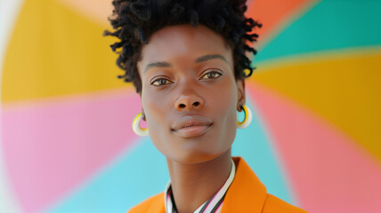 A confident woman with natural hair poses against a colorful backdrop, showcasing style and individuality in a vibrant setting.