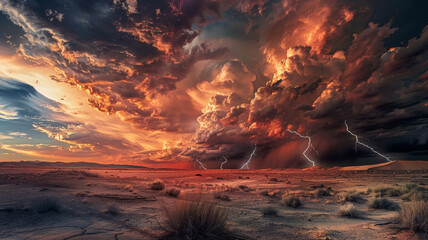 an image of a desert storm with dramatic clouds and lightning