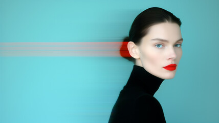 A striking portrait of a woman with sleek hair and bold red lips set against a vibrant blue backdrop, evoking elegance and modernity.