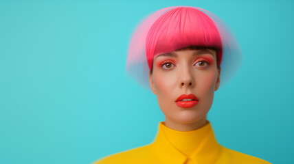 A striking portrait featuring a model with vibrant pink hair and bold makeup against a bright blue background.