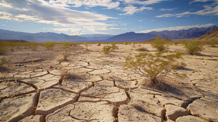 an image of a desert with cracked earth and sparse vegetation